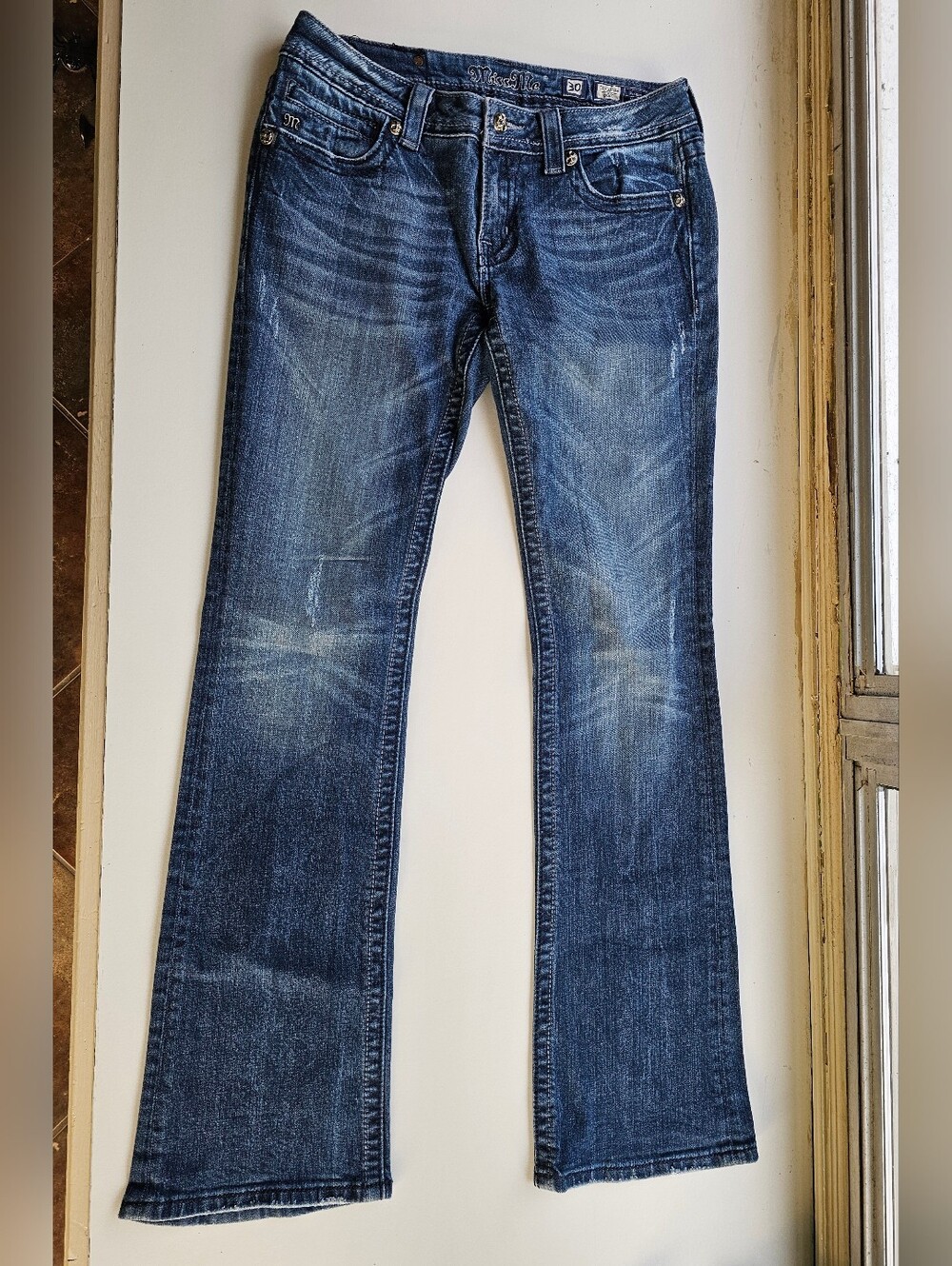 Miss Me Women's Flare Jeans with Angel Wings in Dark Blue Wash - Women's Size 30